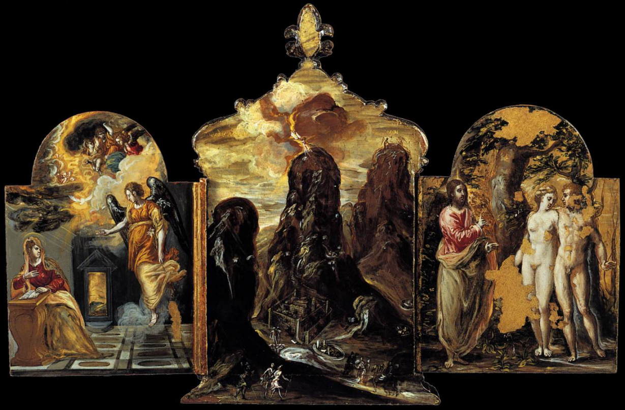  エル・グレコ　【 モデナの３連祭壇画　（裏） 】 1568　|　 37 x23.8 cm（中央）、24x18cm（左右）　｜エステンセ美術館、モデナ、エミリア・ロマーナ州、イタリア