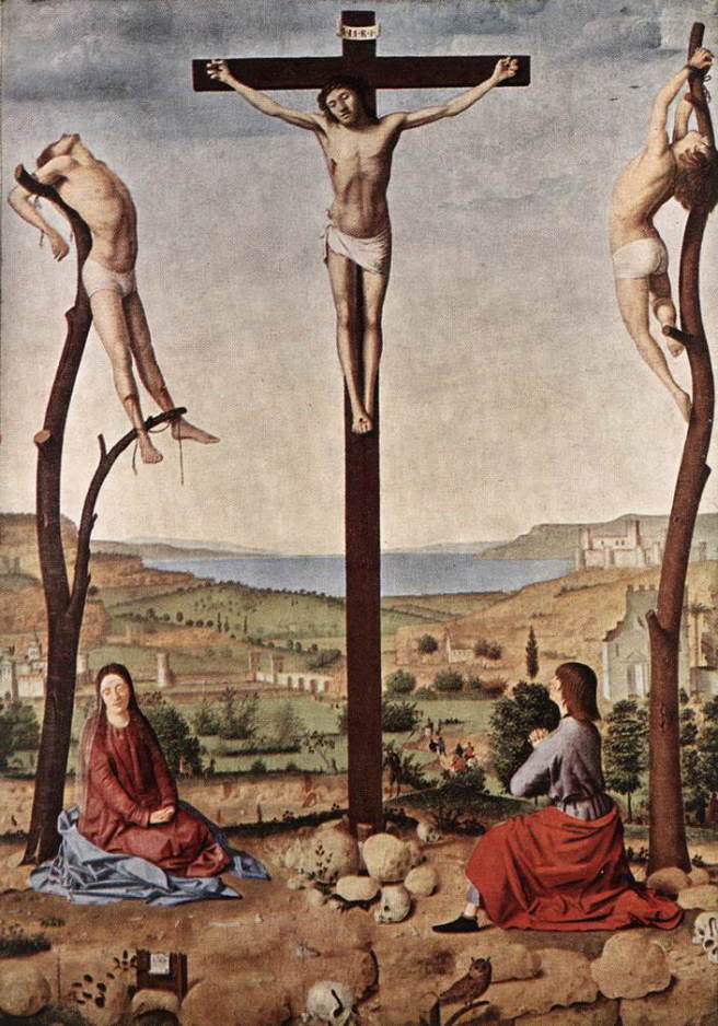 アントネッロ・ダ・メッシーナ　【 キリストの磔刑 】 1475 　| 　52.5 x 42.5 cm |　アントウェルペン王立美術館、ベルギー