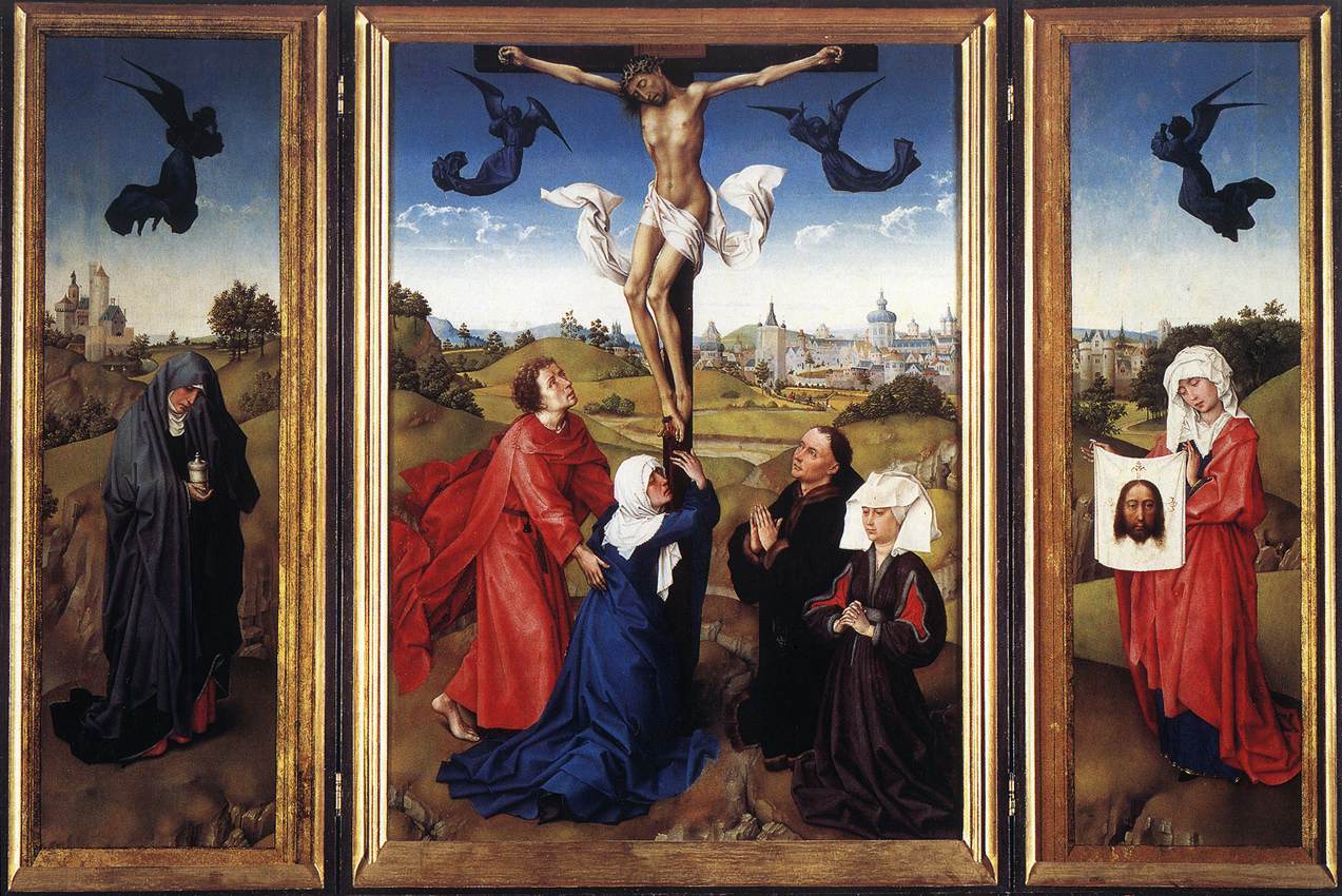 ウェイデン　【 キリストの磔刑 】 1445 | 101 x 70 cm （中央）、101 x 35 cm （左右）　｜ウィーン美術史美術館、オーストリア